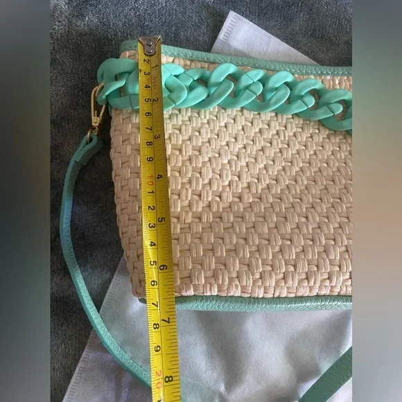 STELLA BIANCA Aqua Raffia Chain Crossbody Bag With Leather Trim Made In … - Picture 9 of 11